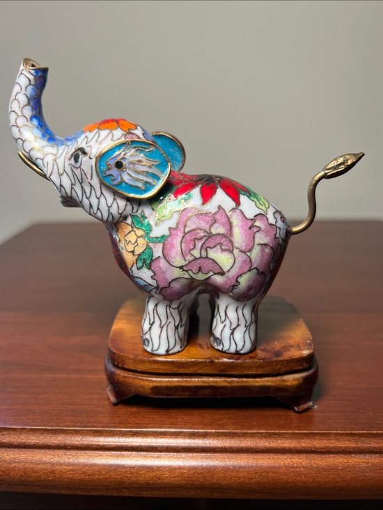 Vintage Other - Vintage Colorful Cloisonné Enamel Elephant Figurine with Wooden Display Stand